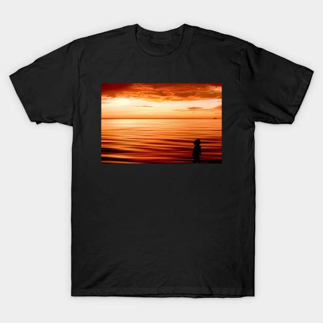 figure on the beach at sunset T-Shirt by rickylabellevie